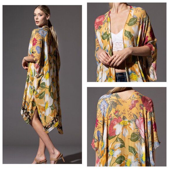 Soft & Silky Kimono - Colorful Floral Print - Dark Floral Border - Lightweight - Picture 1 of 7